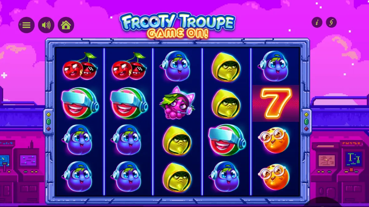 Tampilan visual retro 8-bit dan simbol buah dalam slot Frooty Troupe – Game On!