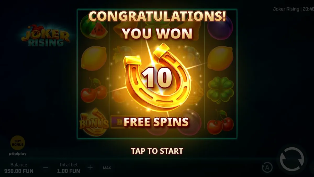 Tampilan visual slot Joker Rising dengan simbol buah neon dan karakter Joker